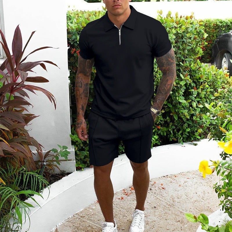 Men's Co Ord Shorts Set with Zip Polo Top
