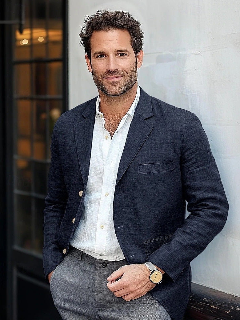 Men's Linen Blazer Jacket with Notch Lapel