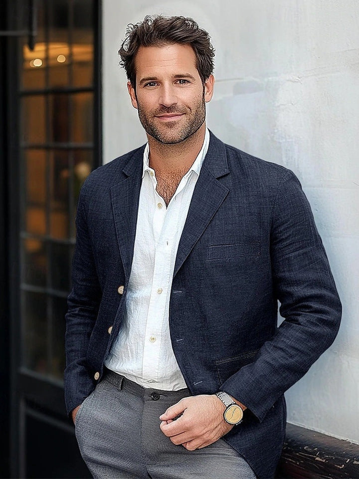 Men's Linen Blazer Jacket with Notch Lapel