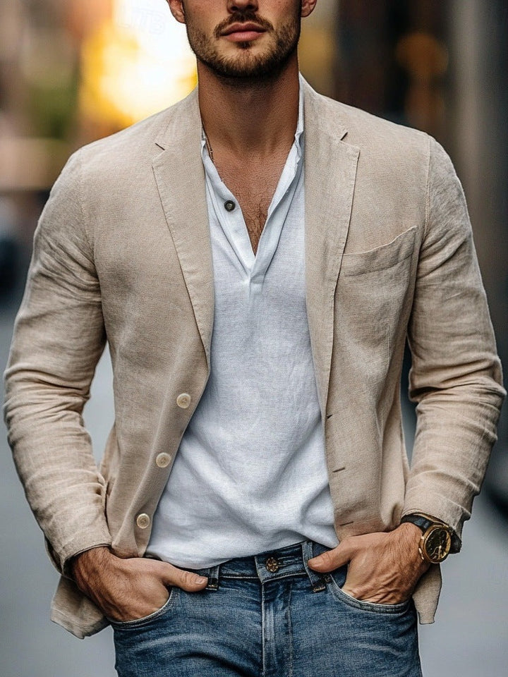 Men's Linen Blazer Jacket with Notch Lapel