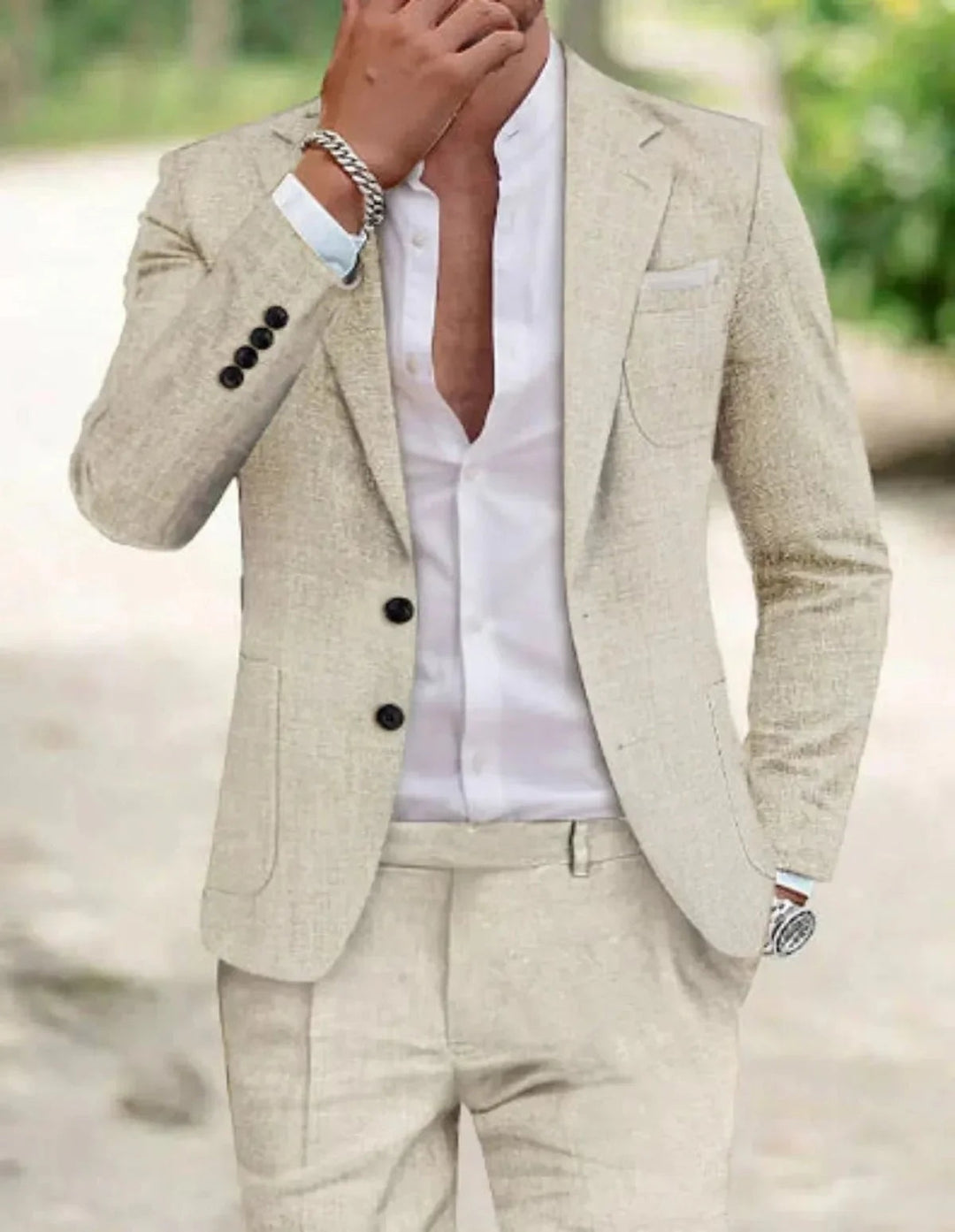 Men's Linen-Look Suit Set with Two-Button Blazer