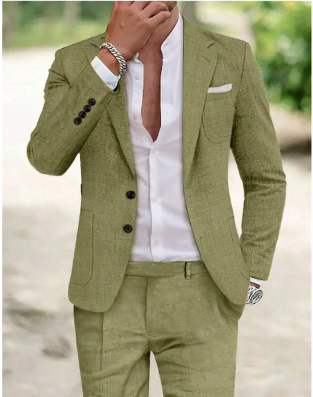 Men's Linen-Look Suit Set with Two-Button Blazer
