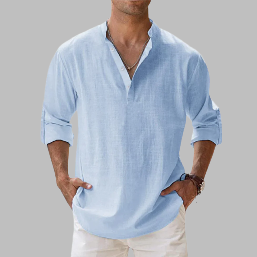 Men's Linen Shirt Long Sleeve with Band Collar