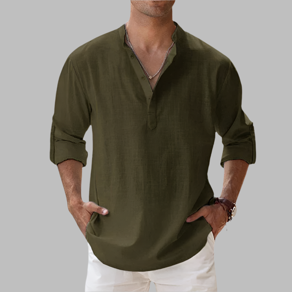 Men's Linen Shirt Long Sleeve with Band Collar
