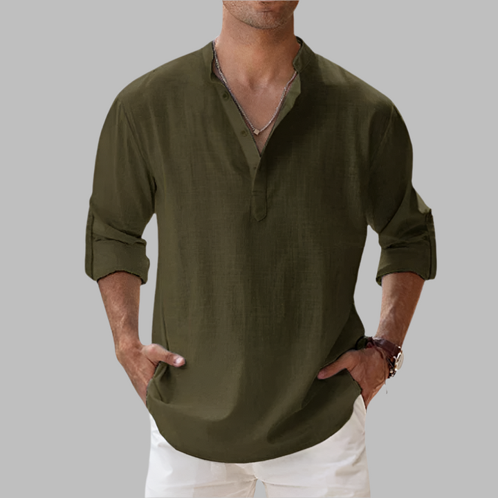 Men's Linen Shirt Long Sleeve with Band Collar
