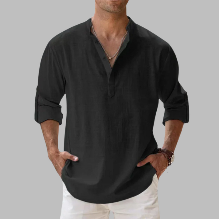 Men's Linen Shirt Long Sleeve with Band Collar