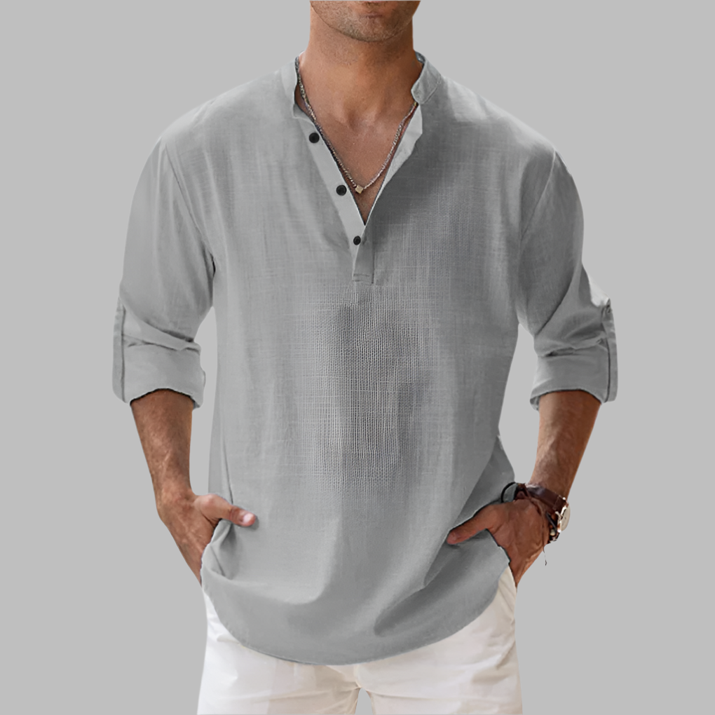Men's Linen Shirt Long Sleeve with Band Collar