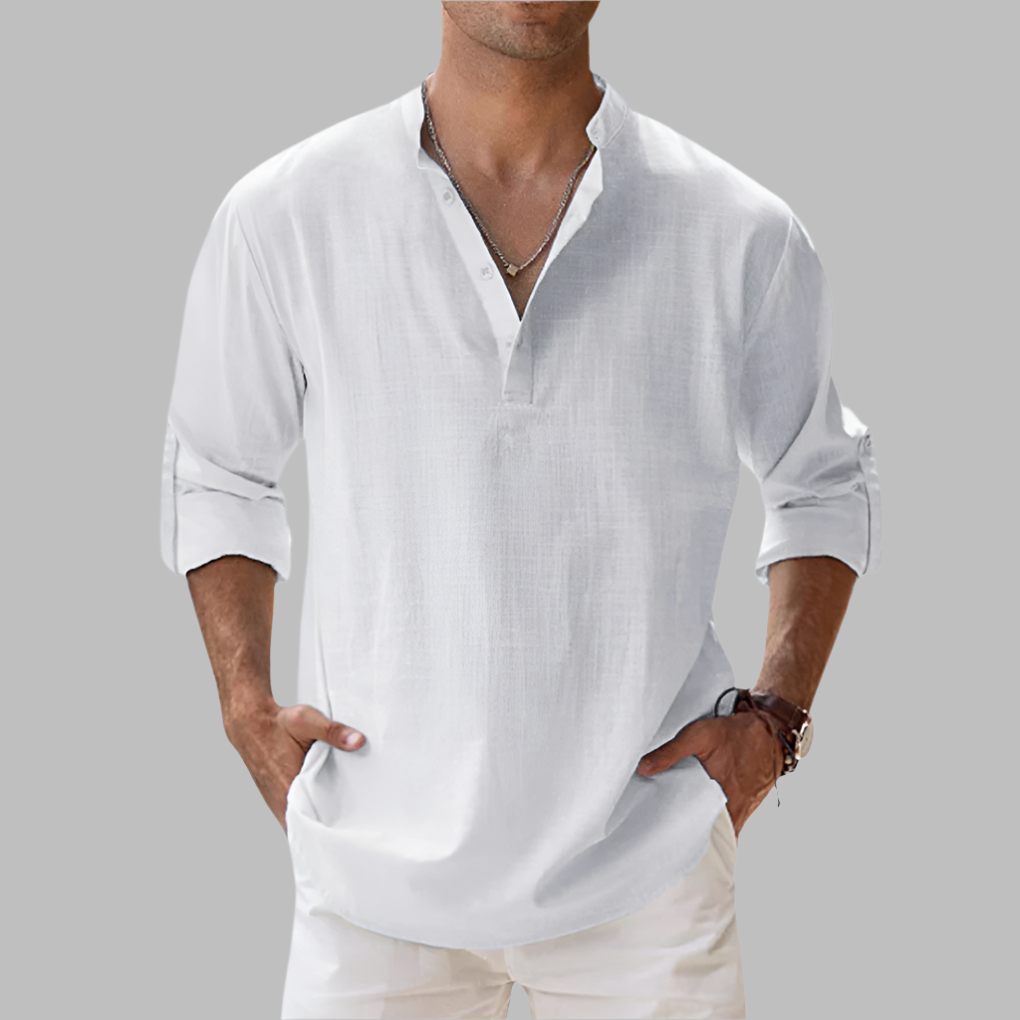 Men's Linen Shirt Long Sleeve with Band Collar
