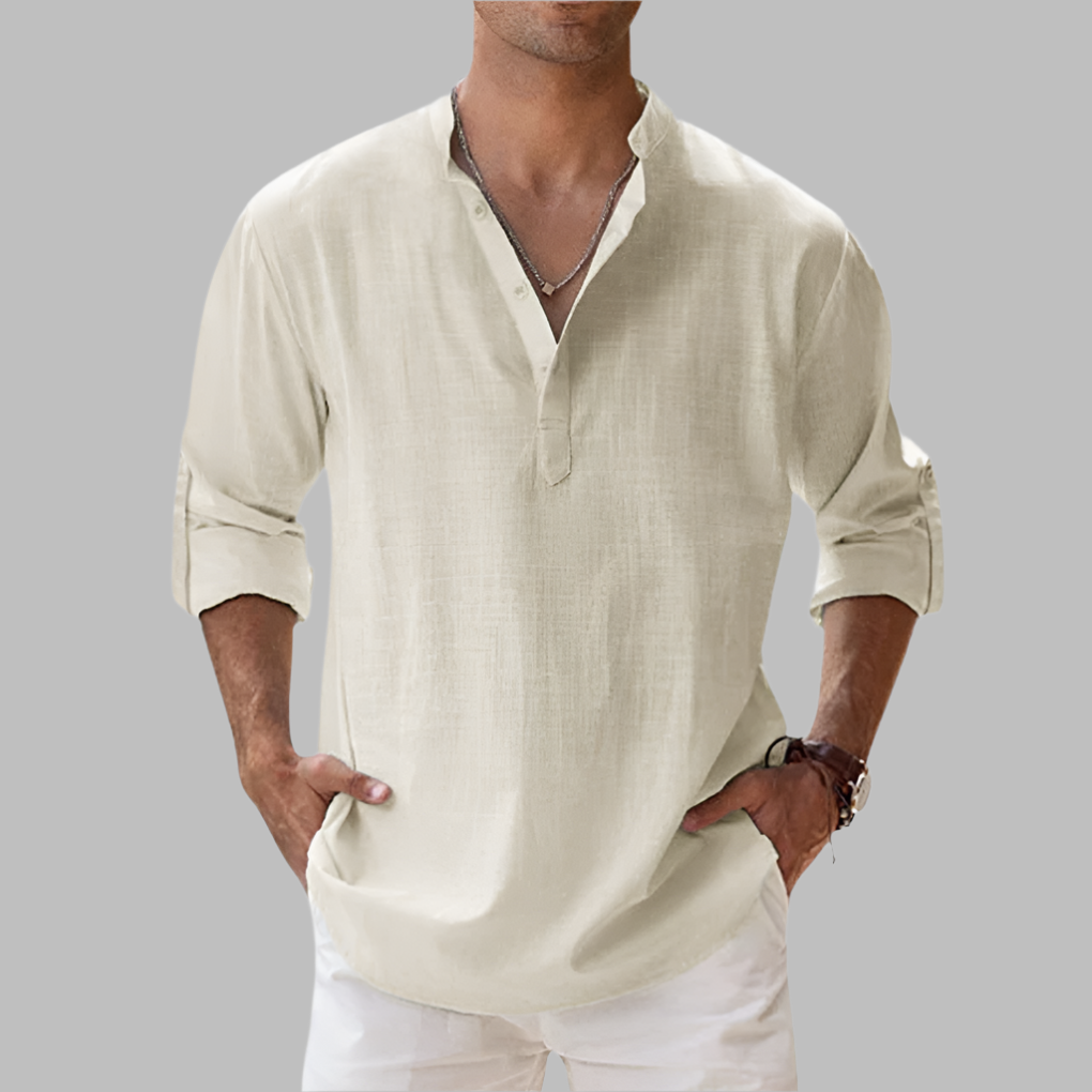 Men's Linen Shirt Long Sleeve with Band Collar