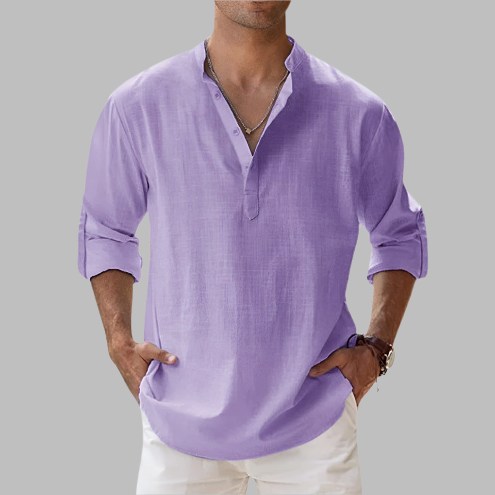 Men's Linen Shirt Long Sleeve with Band Collar