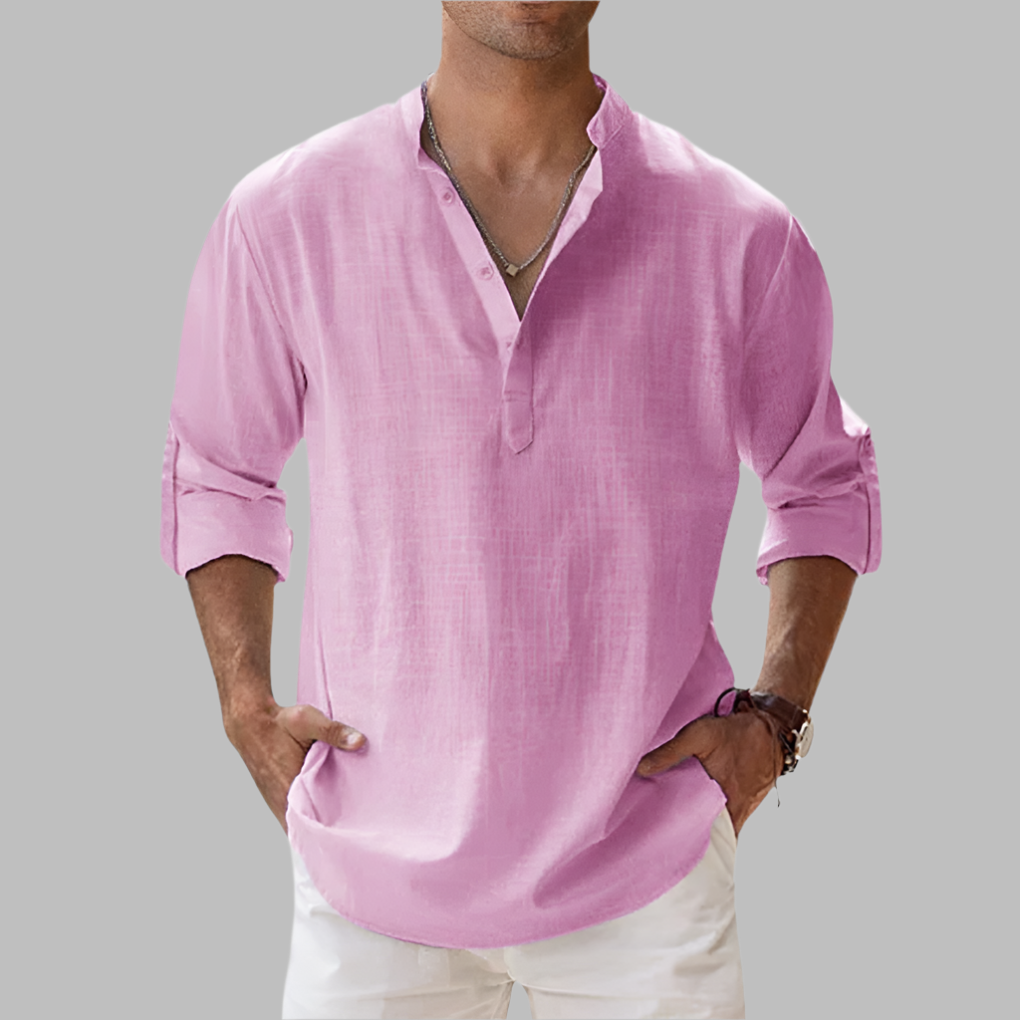 Men's Linen Shirt Long Sleeve with Band Collar