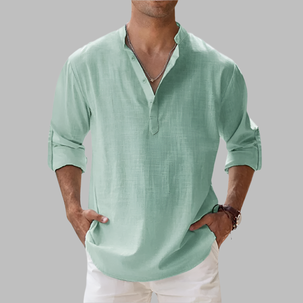 Men's Linen Shirt Long Sleeve with Band Collar