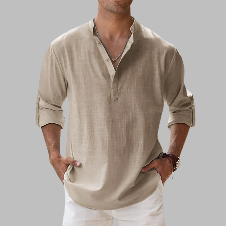 Men's Linen Shirt Long Sleeve with Band Collar