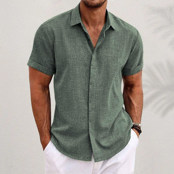 Men's Linen Shirt Short Sleeve Button Up with Collar