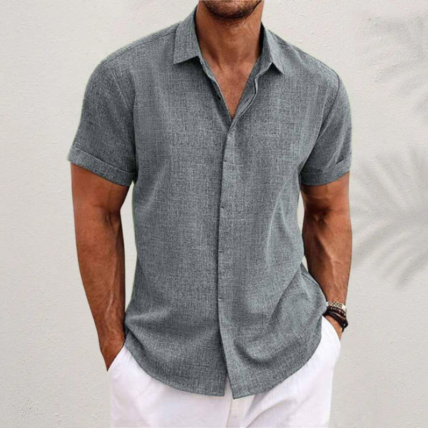 Men's Linen Shirt Short Sleeve Button Up with Collar
