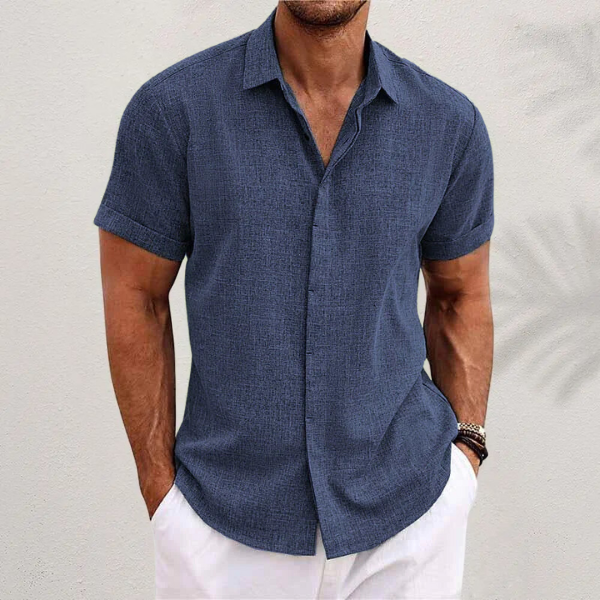 Men's Linen Shirt Short Sleeve Button Up with Collar