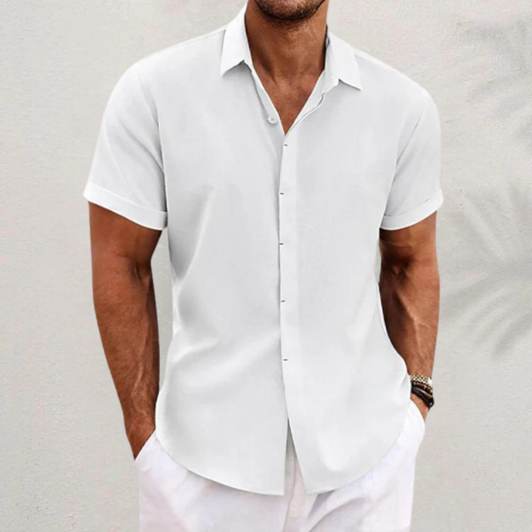Men's Linen Shirt Short Sleeve Button Up with Collar