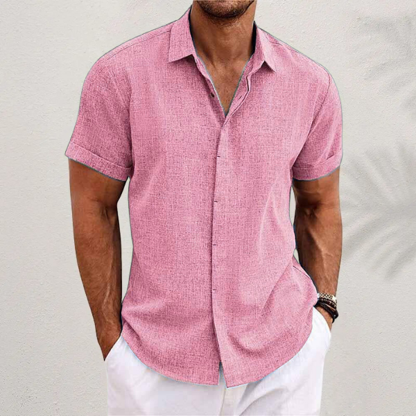 Men's Linen Shirt Short Sleeve Button Up with Collar