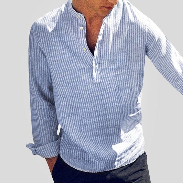 Men's Linen Shirt Striped Long Sleeve Henley Neck