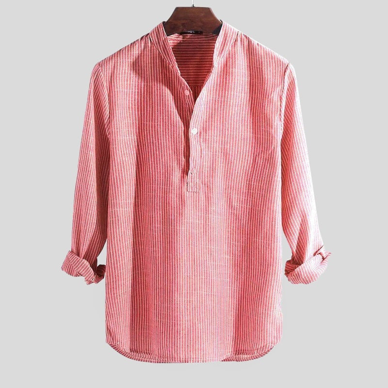 Men's Linen Shirt Striped Long Sleeve Henley Neck