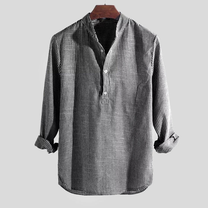 Men's Linen Shirt Striped Long Sleeve Henley Neck