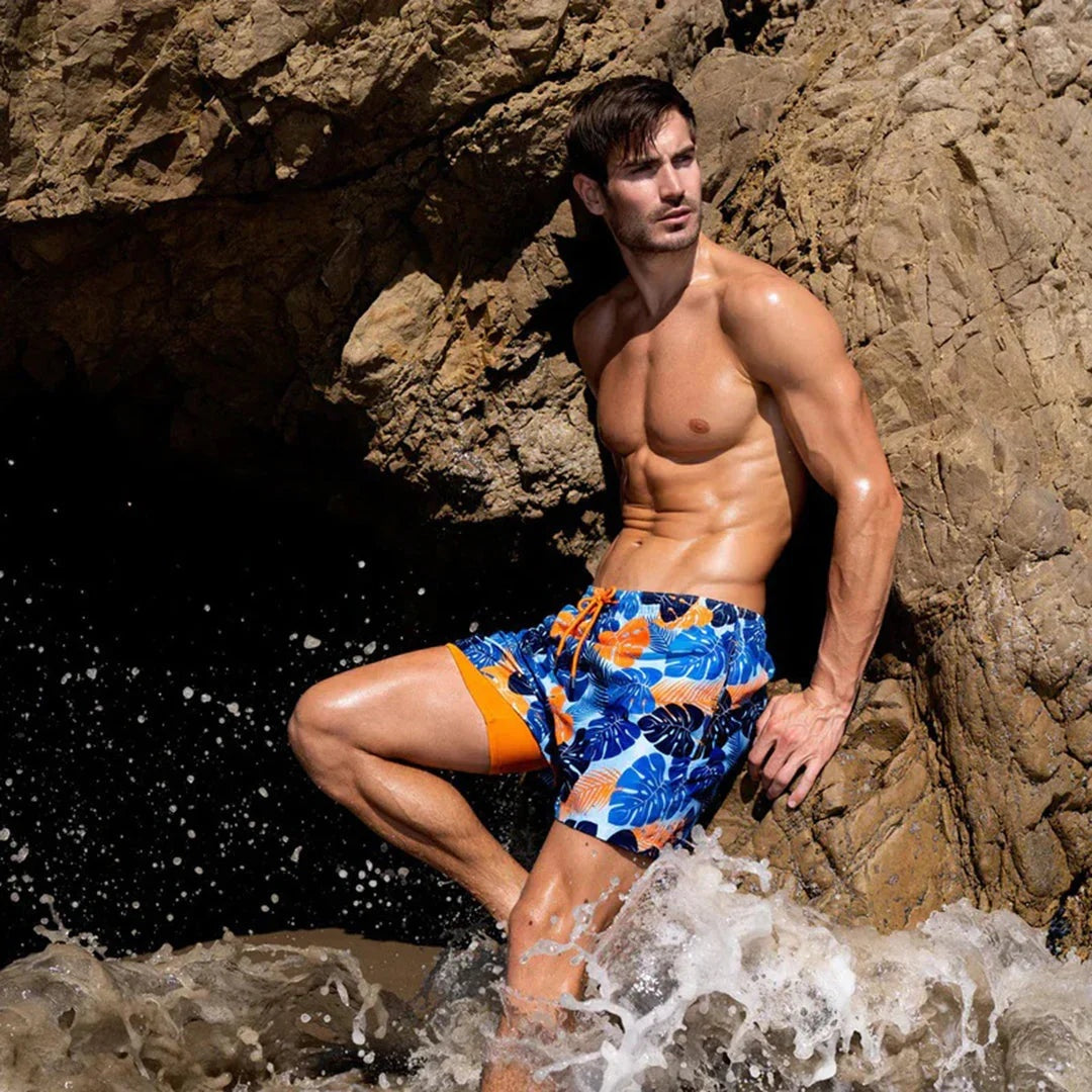 Men's Swim Shorts Tropical Leaf Print with Drawstring