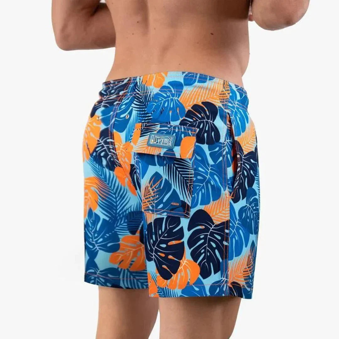 Men's Swim Shorts Tropical Leaf Print with Drawstring