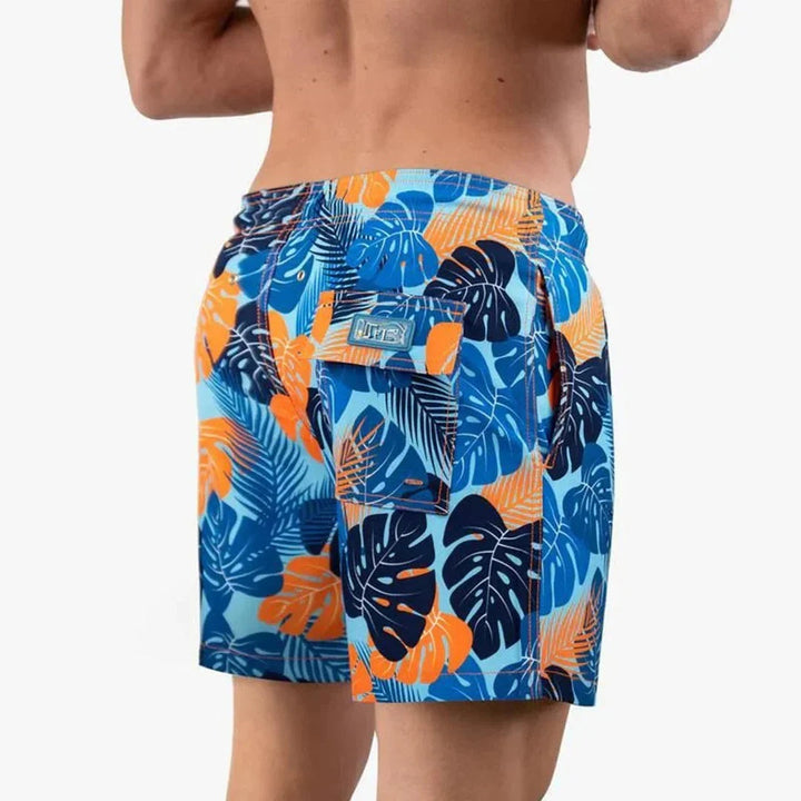 Men's Swim Shorts Tropical Leaf Print with Drawstring