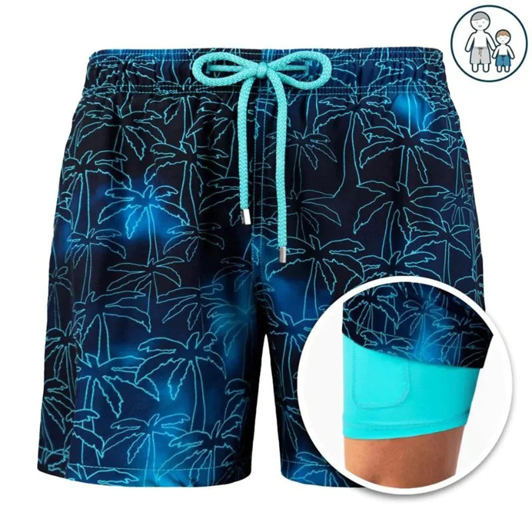Men's Swim Shorts Tropical Leaf Print with Drawstring
