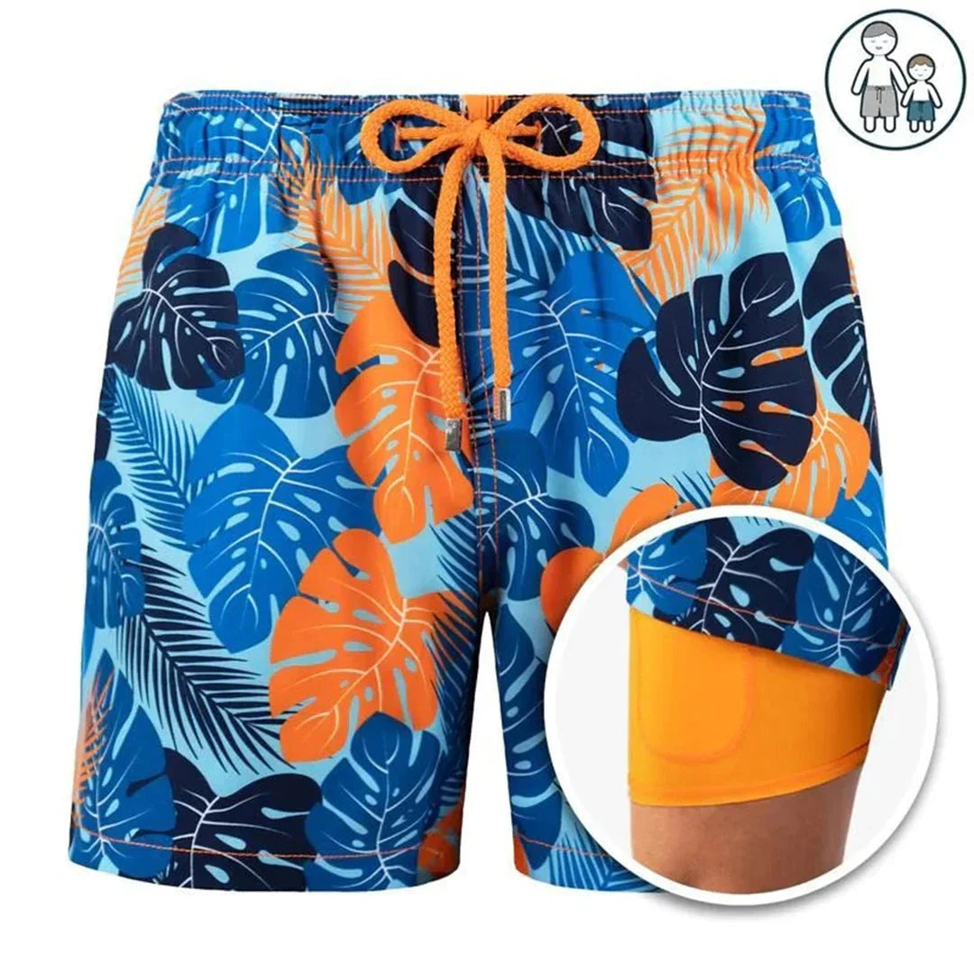 Men's Swim Shorts Tropical Leaf Print with Drawstring