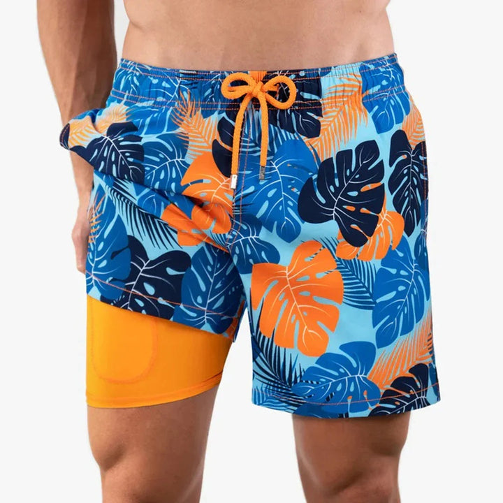Men's Swim Shorts Tropical Leaf Print with Drawstring