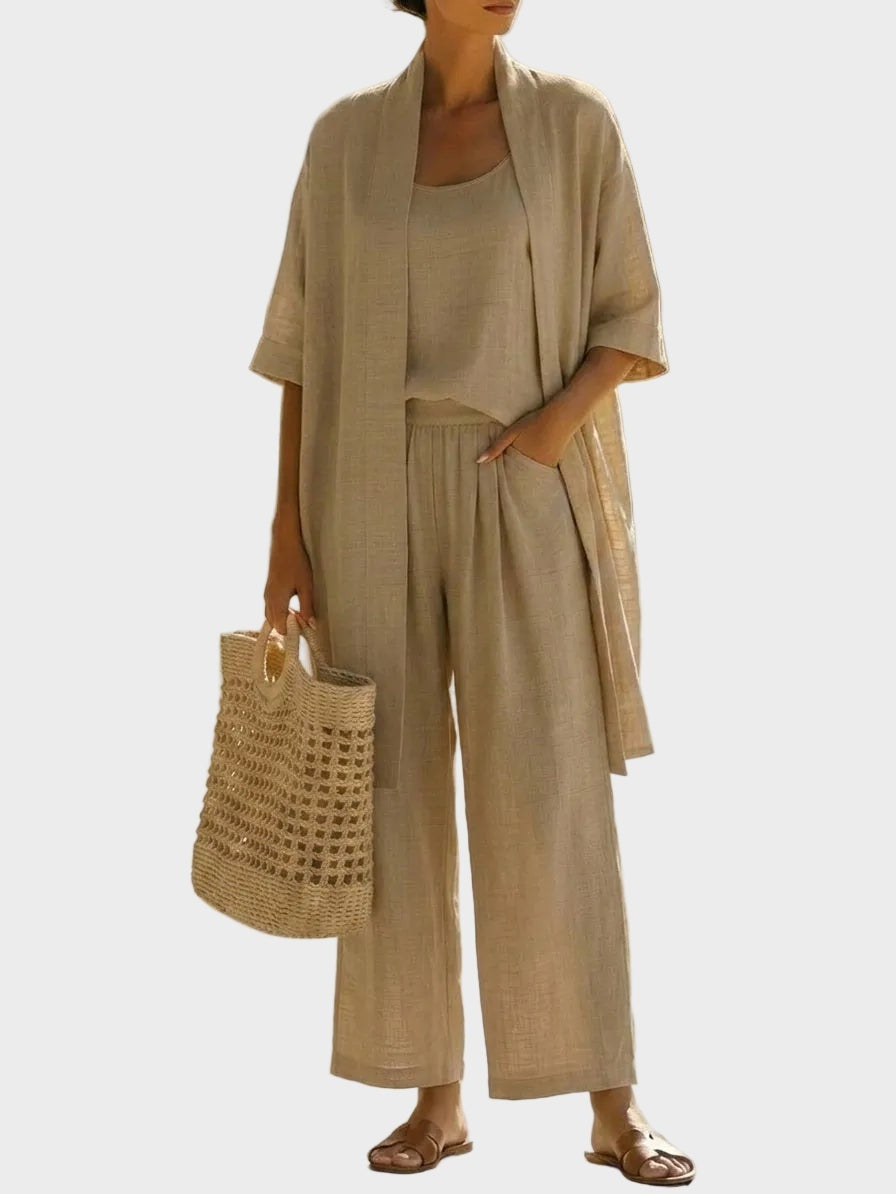 Women's 3 Piece Linen Co Ord Set with Wide Leg Pants