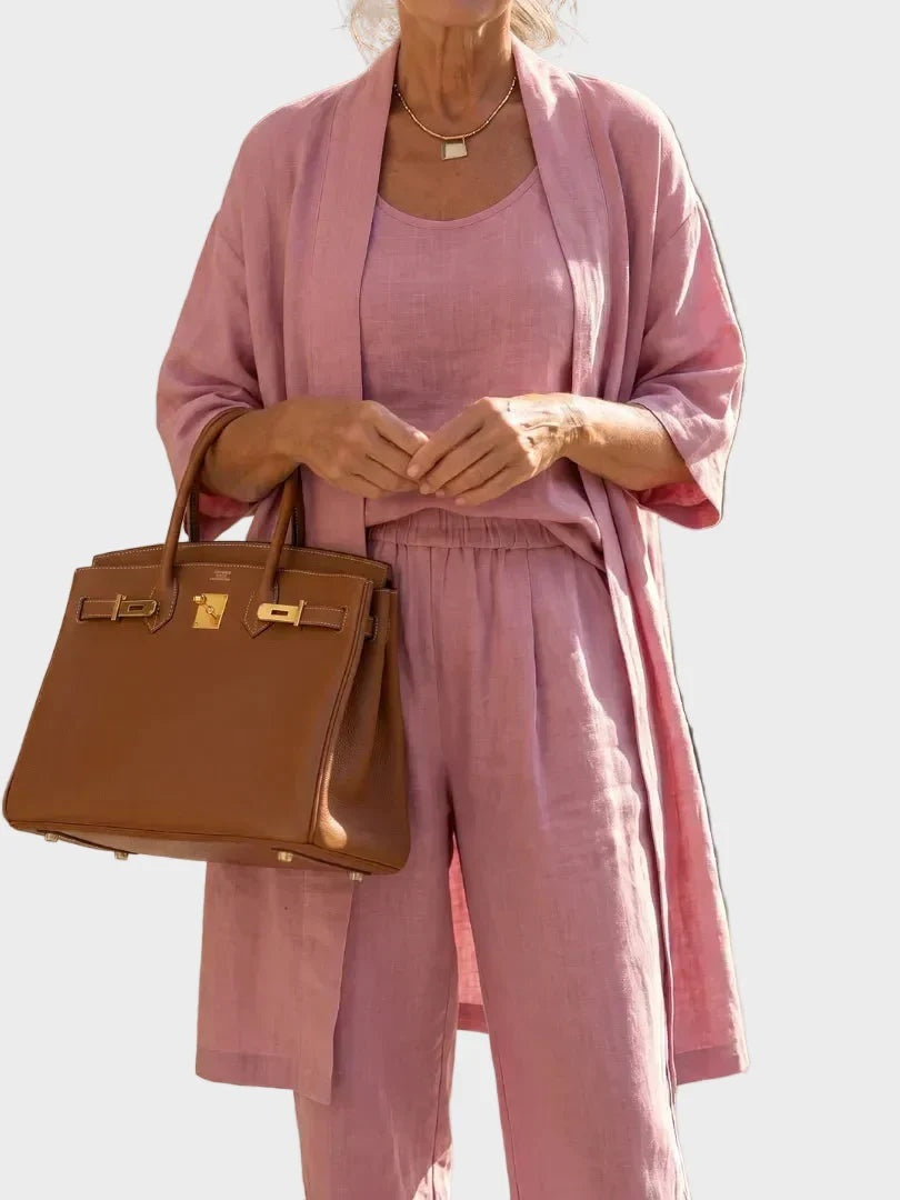 Women's 3 Piece Linen Co Ord Set with Wide Leg Pants
