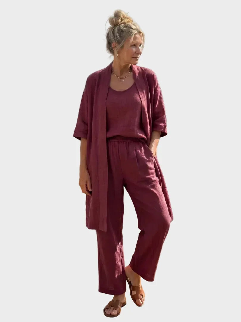 Women's 3 Piece Linen Co Ord Set with Wide Leg Pants