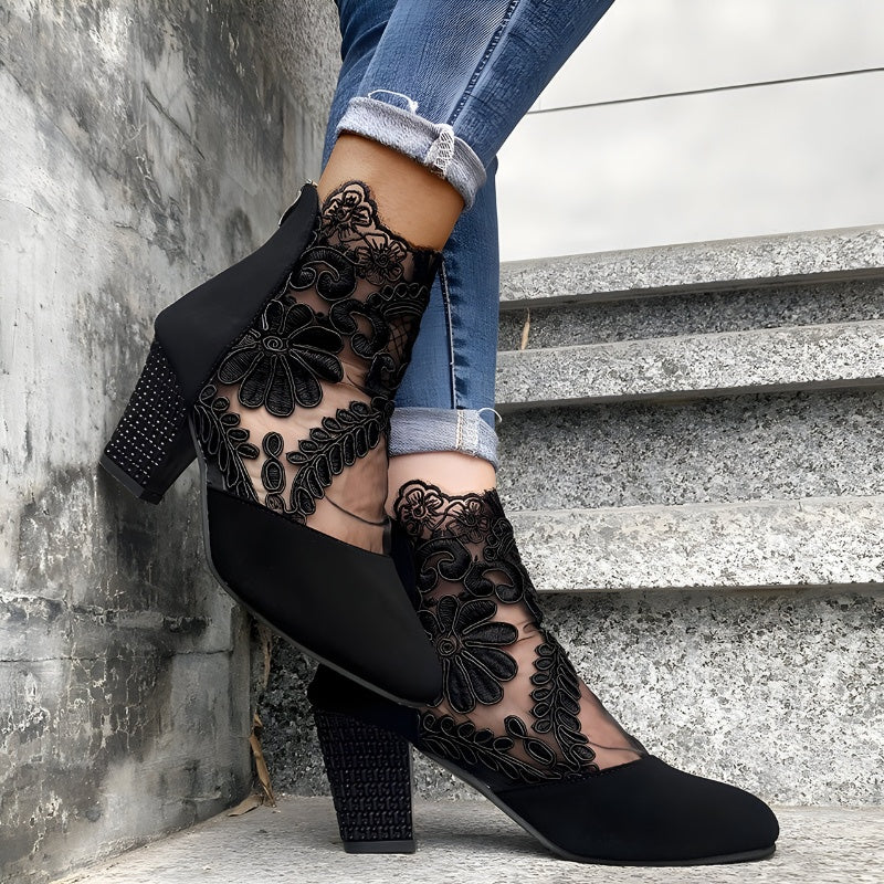 Women's Block Heels Lace Ankle Boots with Back Zip