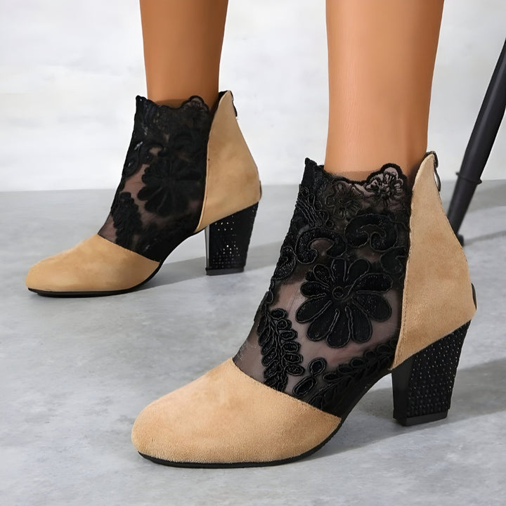 Women's Block Heels Lace Ankle Boots with Back Zip
