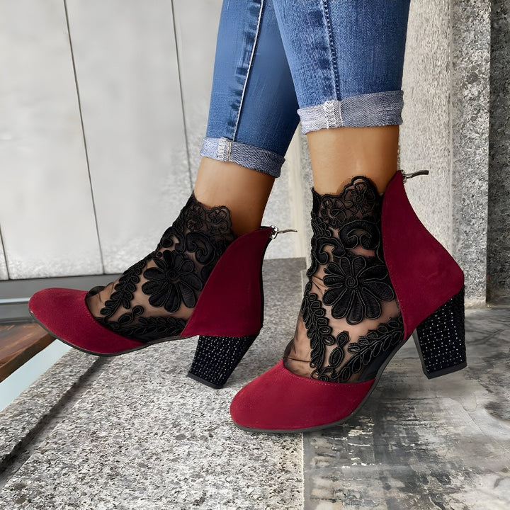 Women's Block Heels Lace Ankle Boots with Back Zip