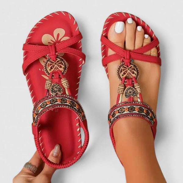 Women's Boho Flat Strappy Sandals with Beaded Charm
