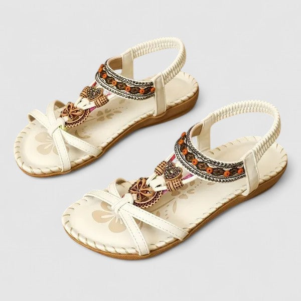 Women's Boho Flat Strappy Sandals with Beaded Charm