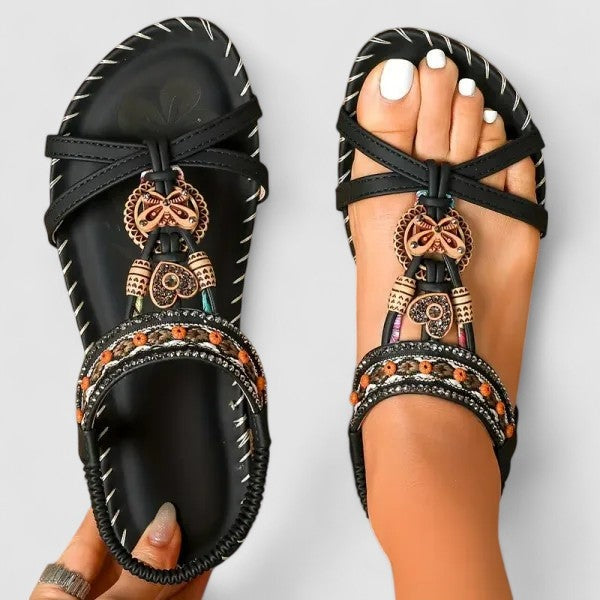 Women's Boho Flat Strappy Sandals with Beaded Charm