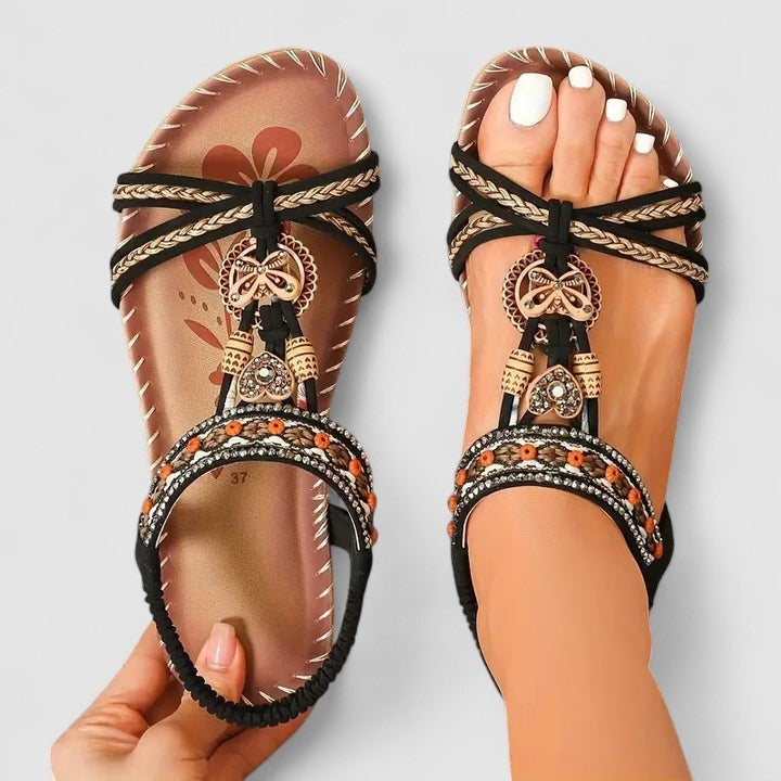 Women's Boho Flat Strappy Sandals with Beaded Charm