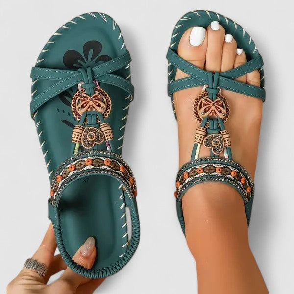 Women's Boho Flat Strappy Sandals with Beaded Charm