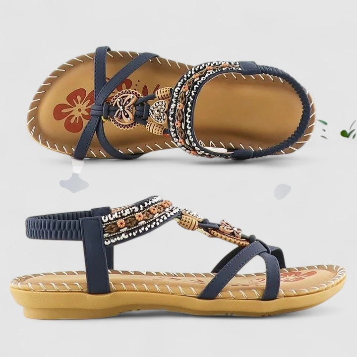 Women's Boho Flat Strappy Sandals with Beaded Charm