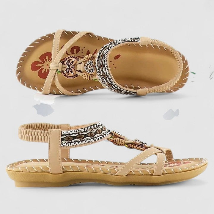 Women's Boho Flat Strappy Sandals with Beaded Charm