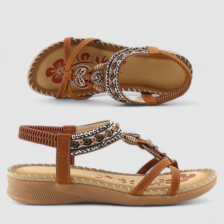 Women's Boho Flat Strappy Sandals with Beaded Charm