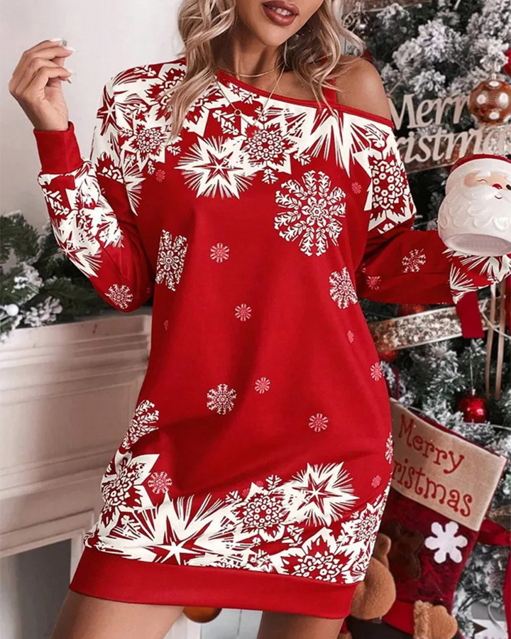 Women's Christmas Mini Dress Long Sleeve Snowflake Print