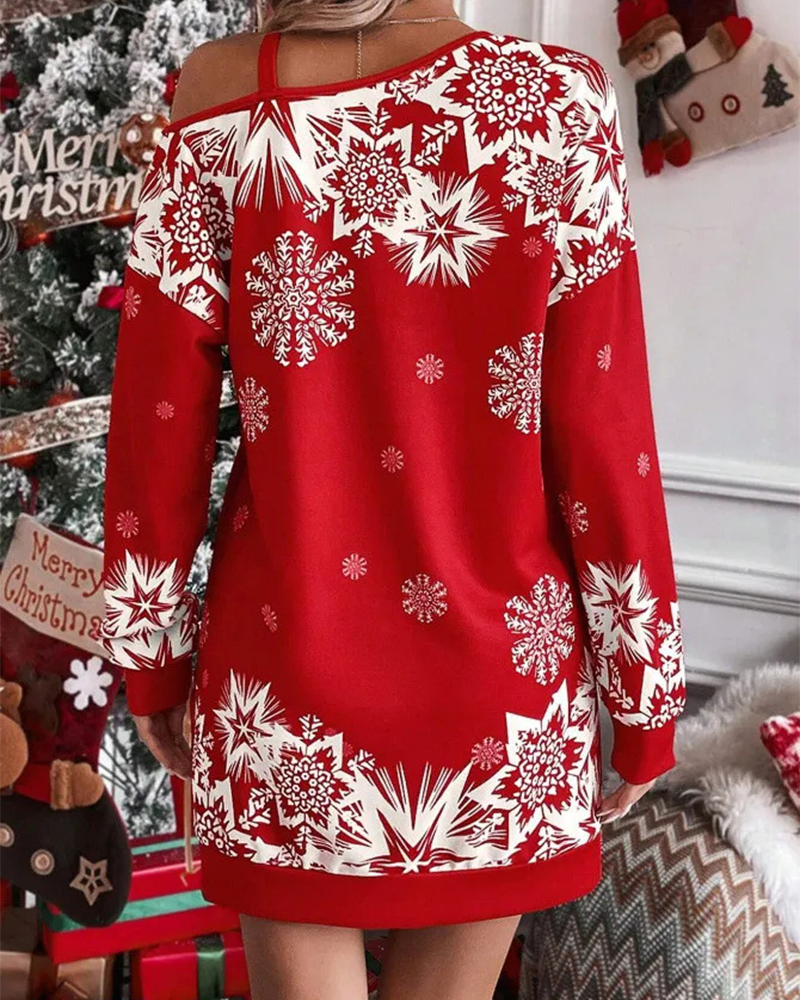 Women's Christmas Mini Dress Long Sleeve Snowflake Print