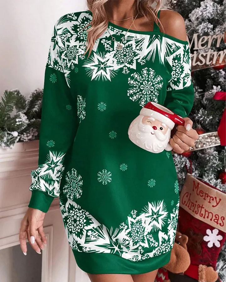 Women's Christmas Mini Dress Long Sleeve Snowflake Print