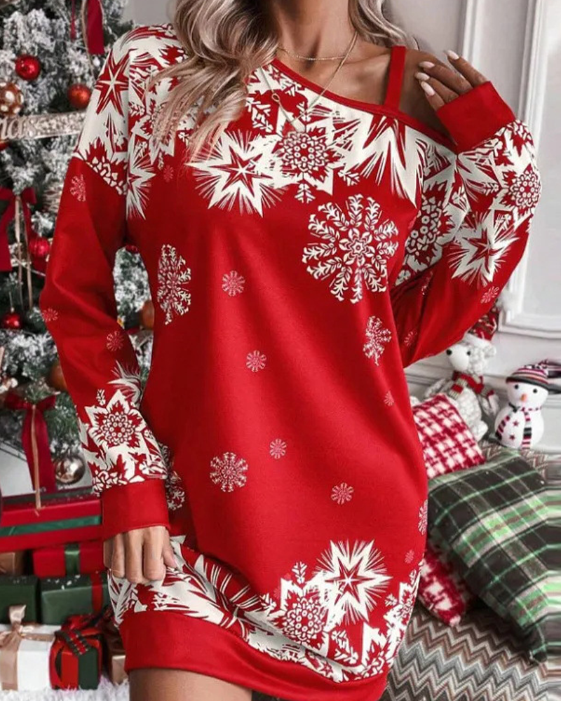 Women's Christmas Mini Dress Long Sleeve Snowflake Print