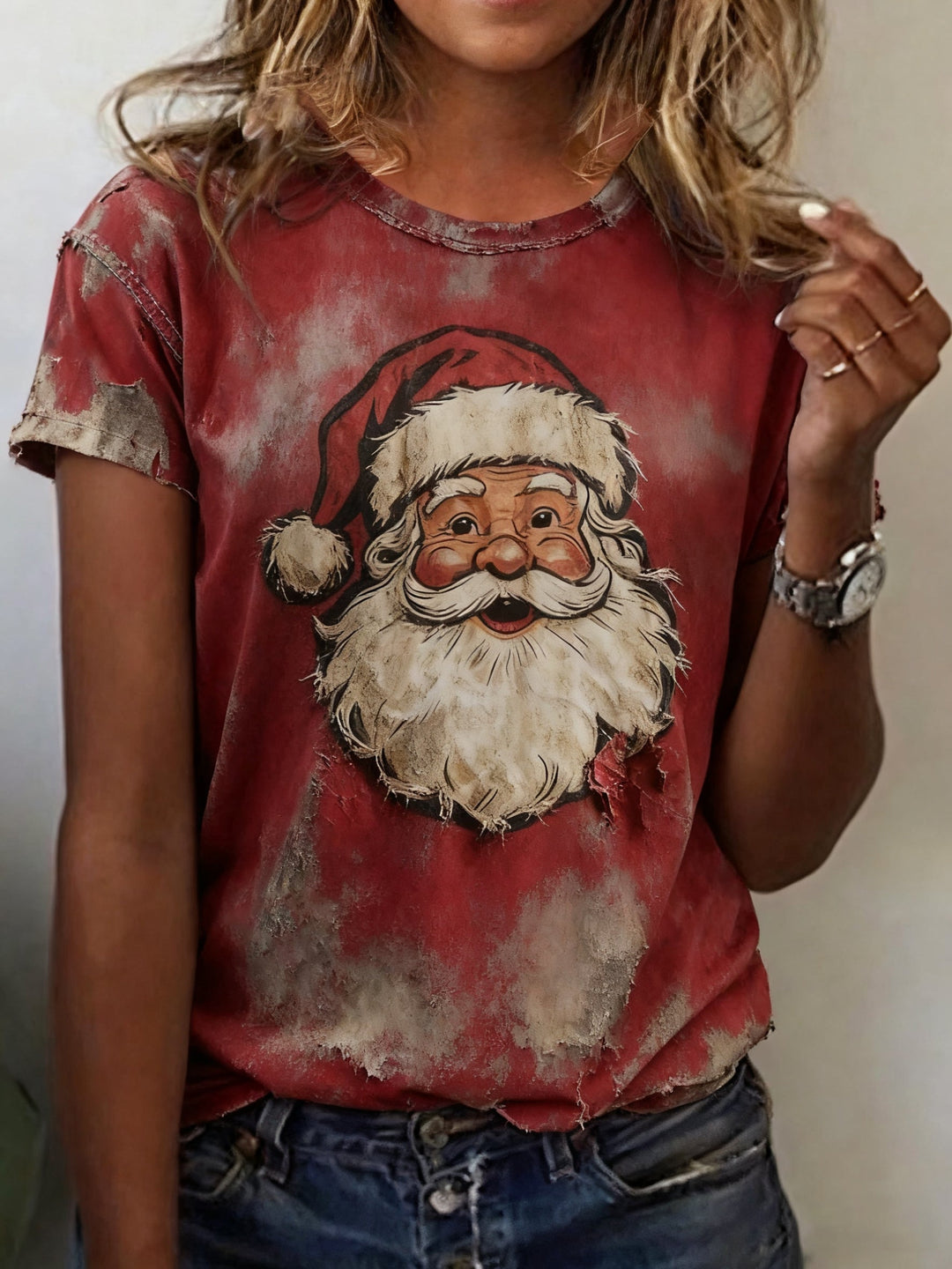 Women's Christmas T Shirt Santa Print Crew Neck Short Sleeve